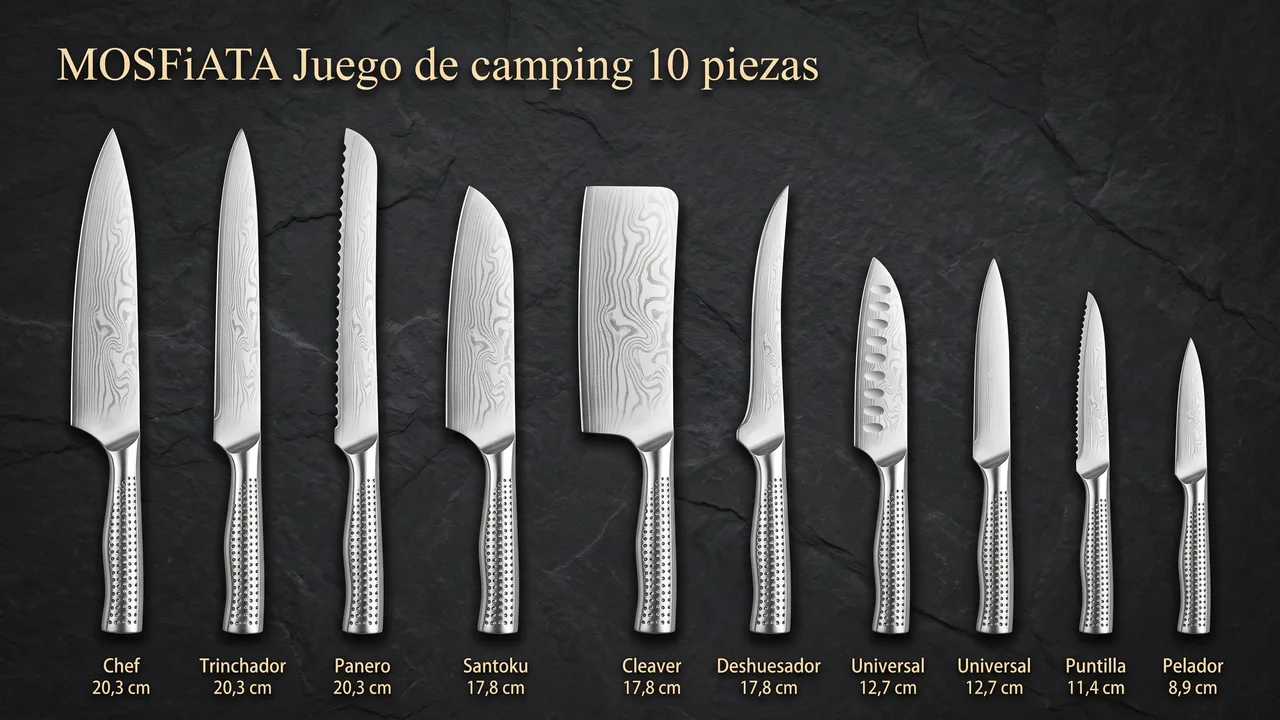Las diez piezas del juego MOSFiATA de camping etiquetadas una a una, del chef de 20,3 cm al pelador de 8,9 cm