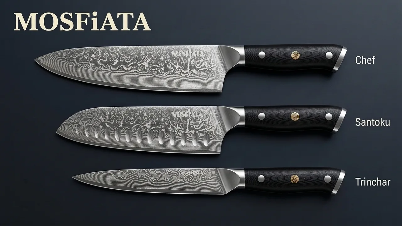 Los tres cuchillos del juego MOSFiATA de damasco: chef, santoku con alveolos y trinchar