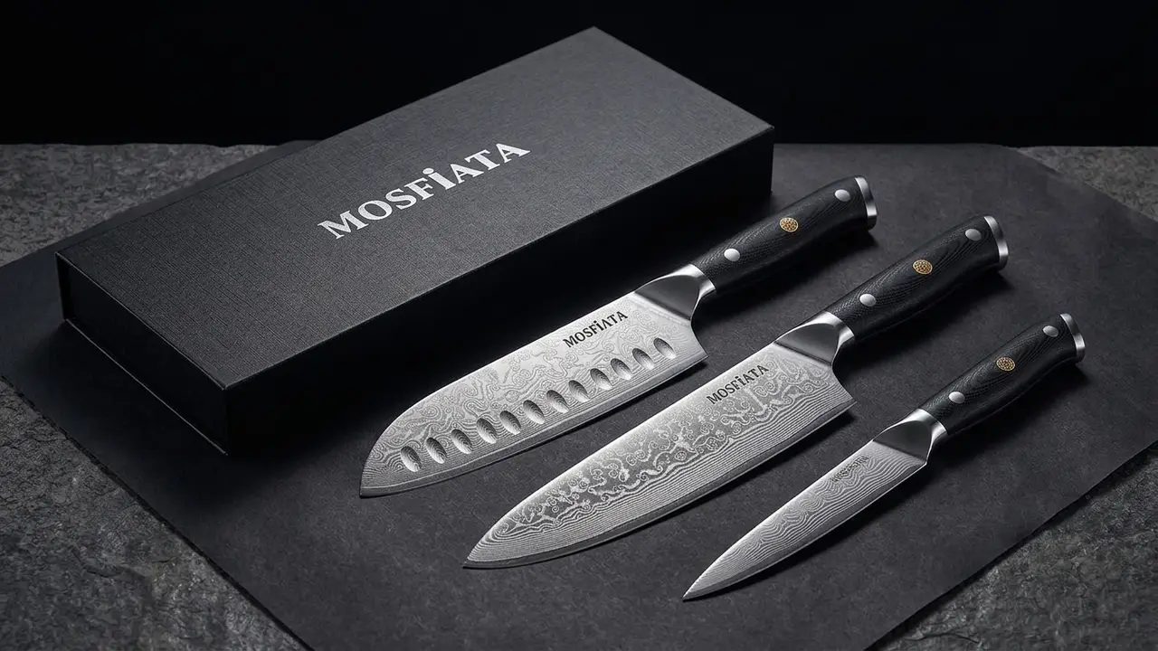 Juego MOSFiATA de tres cuchillos damasco junto a su caja de regalo negra con el logo de la marca