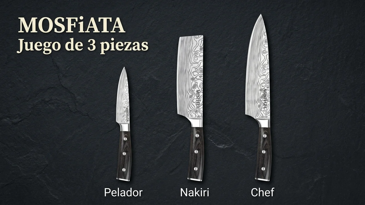 Las tres piezas del juego MOSFiATA en fila: pelador, nakiri de hoja rectangular y chef, con mango oscuro remachado