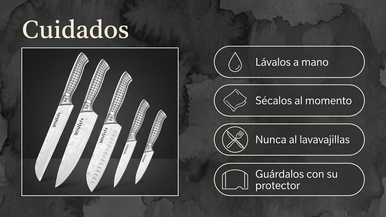 Cuidados del juego MOSFiATA: lavado a mano, secado inmediato, nunca al lavavajillas y guardado con su protector de filo