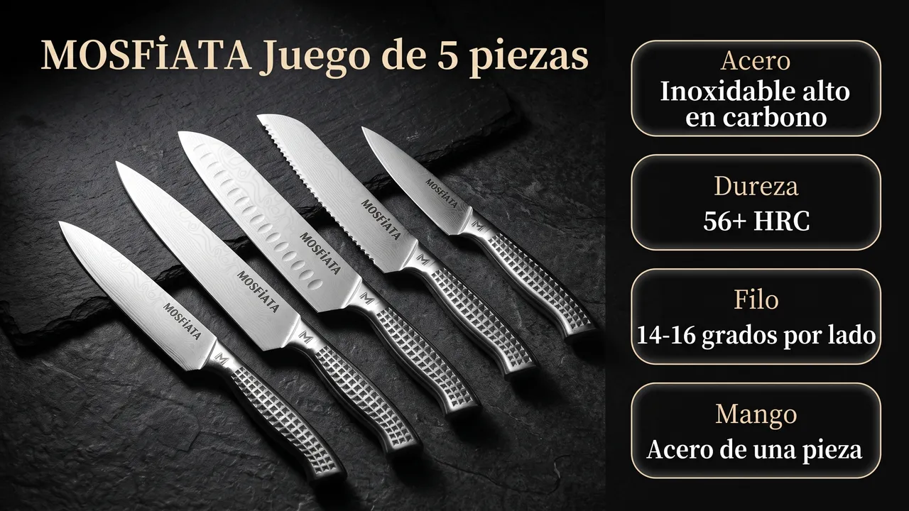 Datos del juego MOSFiATA de 5 piezas: acero inoxidable alto en carbono, 56+ HRC, filo a 14-16 grados por lado y mango de acero de una pieza