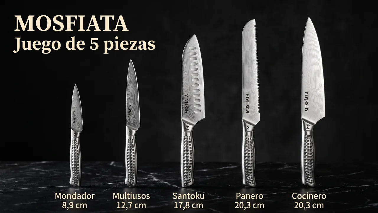 Las cinco piezas del juego MOSFiATA de pie y etiquetadas: mondador de 8,9 cm, multiusos de 12,7, santoku de 17,8, panero y cocinero de 20,3