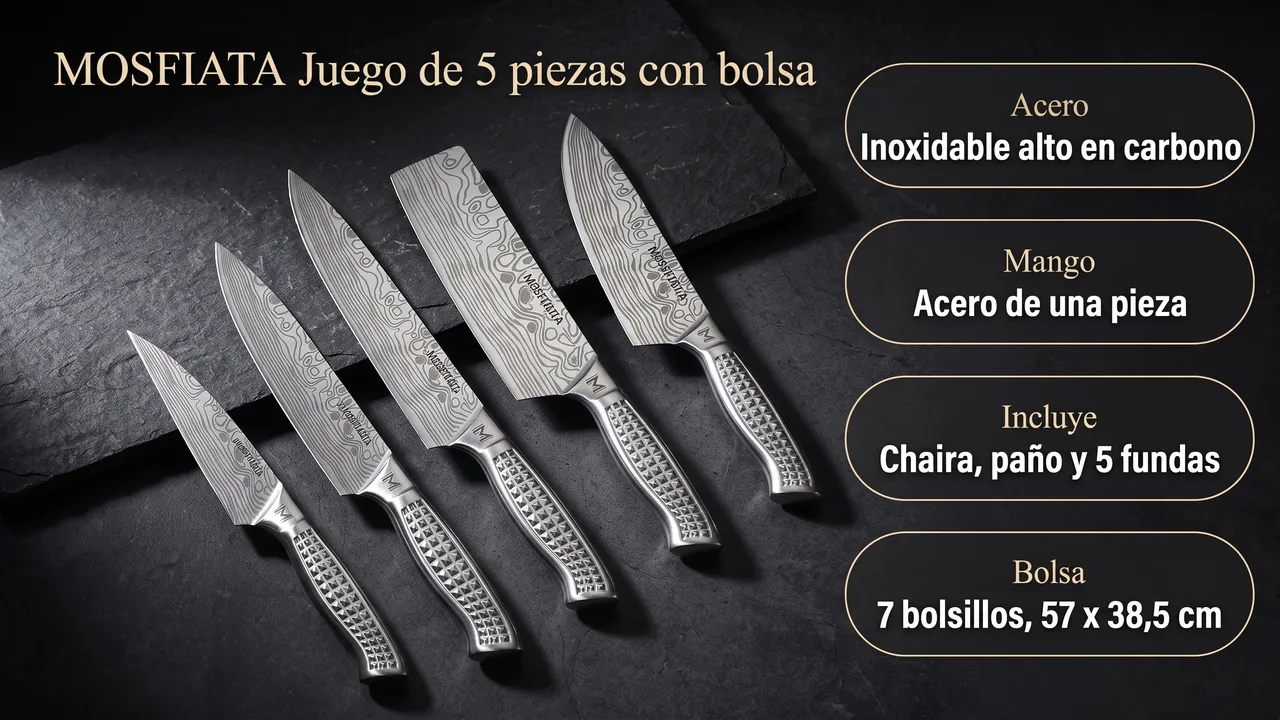 Datos del juego MOSFiATA con bolsa: acero inoxidable alto en carbono, mango de acero de una pieza, chaira, pano y cinco fundas, y bolsa de 7 bolsillos