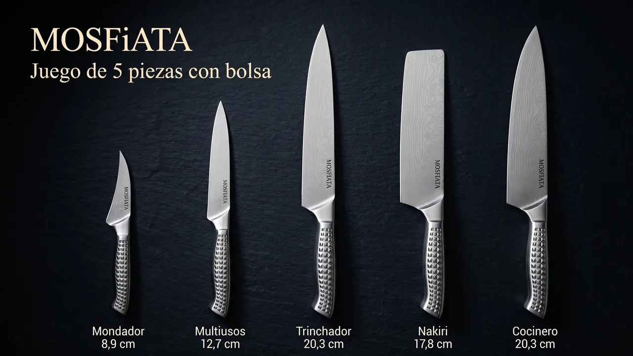 Las cinco piezas del juego MOSFiATA etiquetadas: mondador de 8,9 cm, multiusos de 12,7, trinchador de 20,3, nakiri de 17,8 y cocinero de 20,3