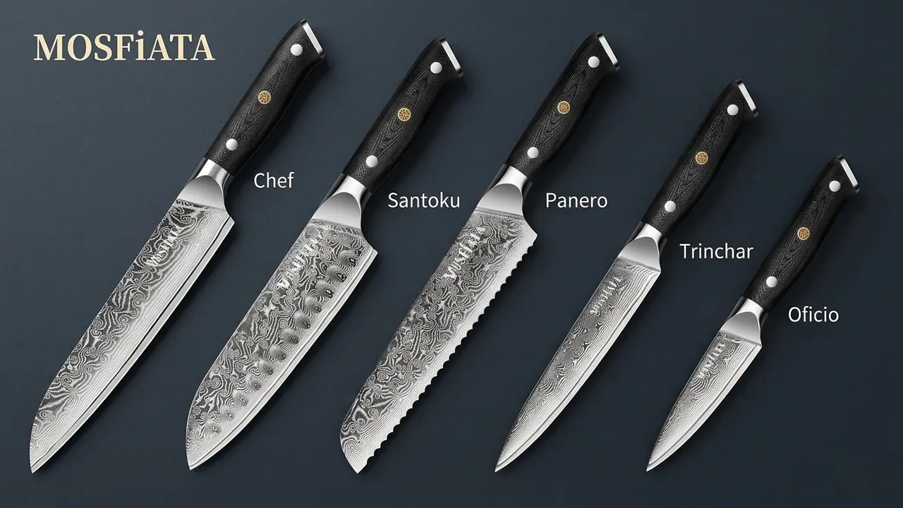 Los cinco cuchillos del juego MOSFiATA de damasco: chef, santoku, panero, trinchar y oficio