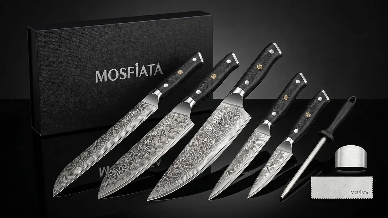 Juego MOSFiATA de cinco cuchillos con chaira y paño junto a su caja de regalo negra