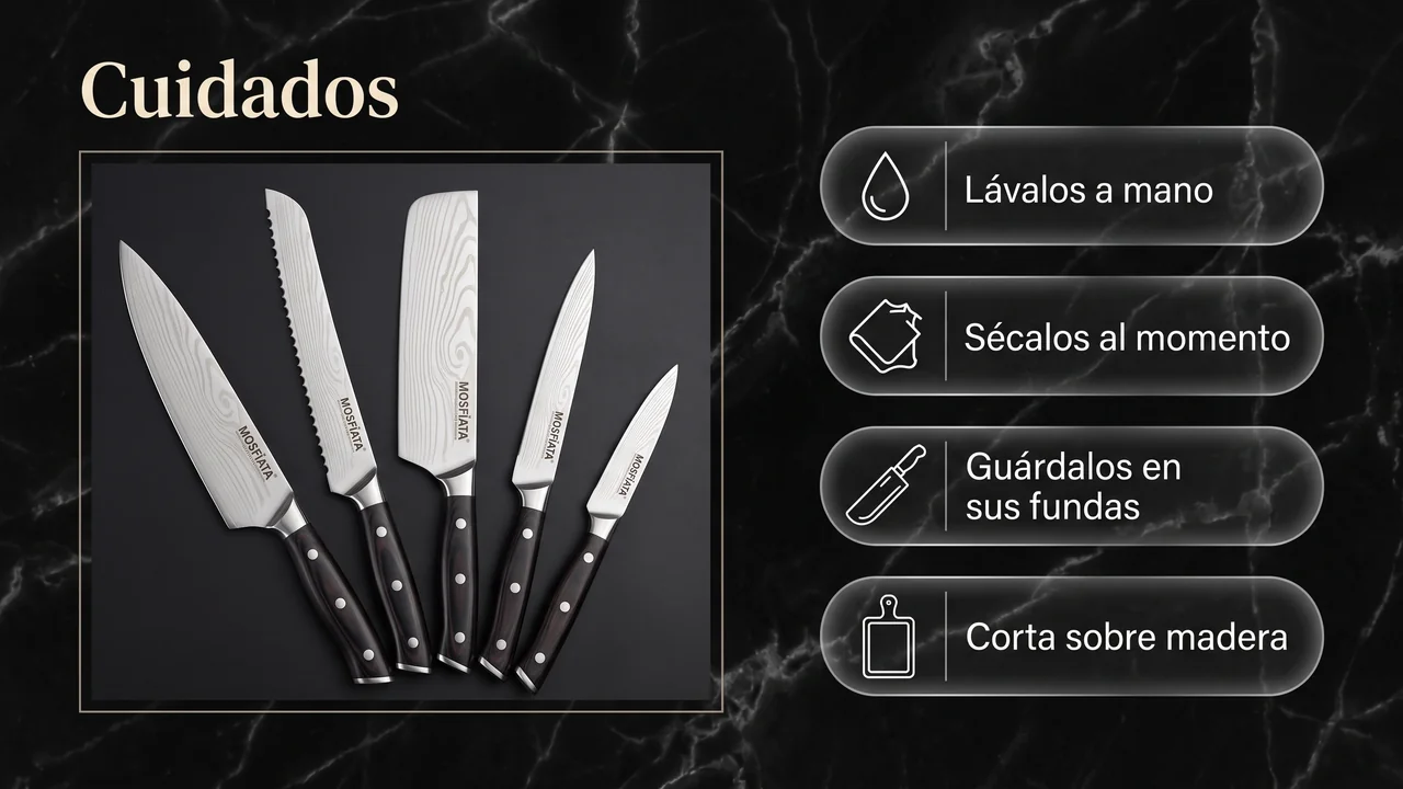 Cuidados del juego MOSFiATA: lavado a mano, secado inmediato, guardado en sus fundas y corte sobre madera