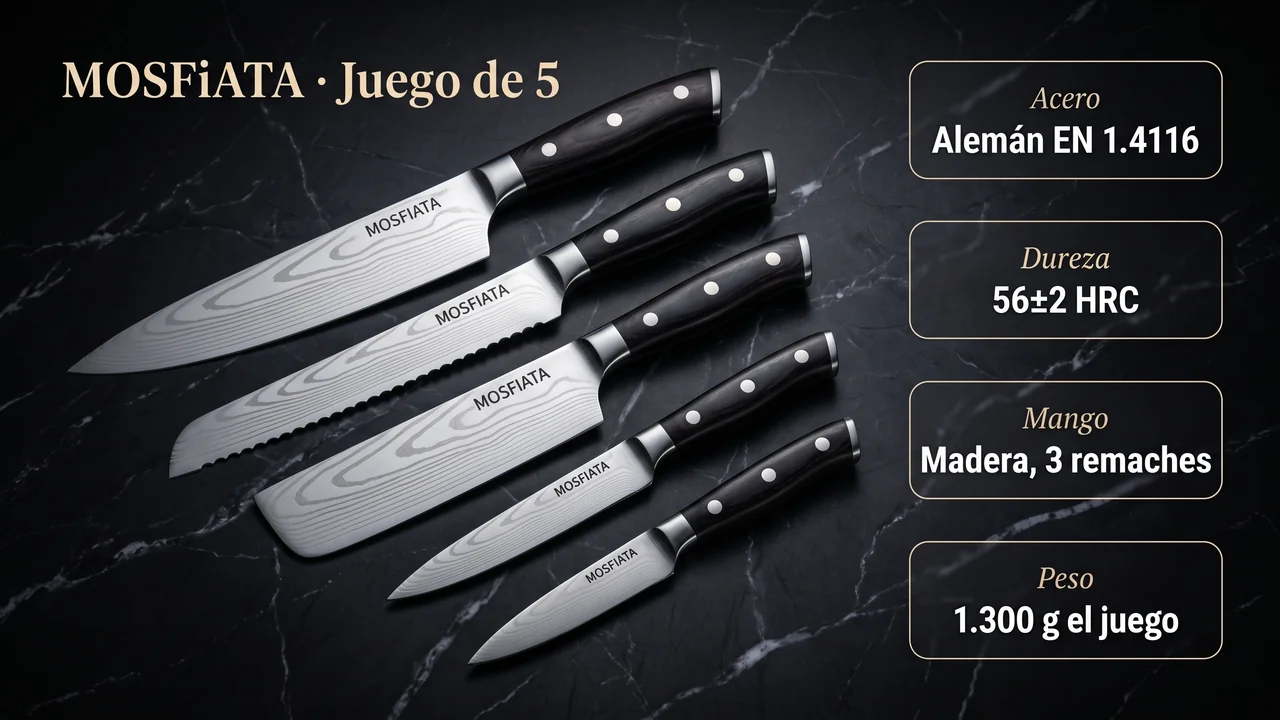 Ficha técnica del juego MOSFiATA de 5 cuchillos: acero alemán EN 1.4116, 56±2 HRC, mango de madera con 3 remaches y 1.300 g