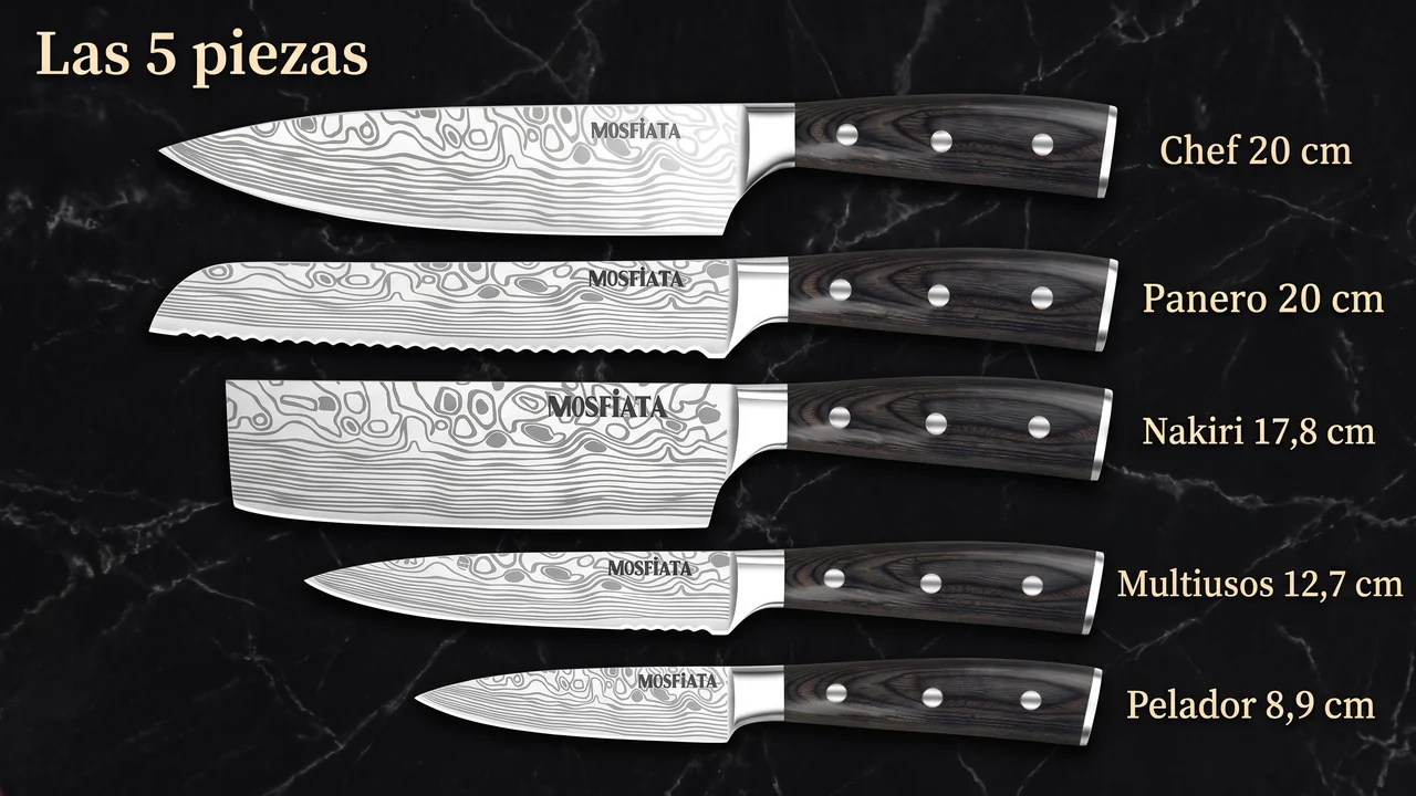 Las cinco piezas del juego MOSFiATA: chef de 20 cm, panero de 20 cm, nakiri de 17,8 cm, multiusos de 12,7 cm y pelador de 8,9 cm
