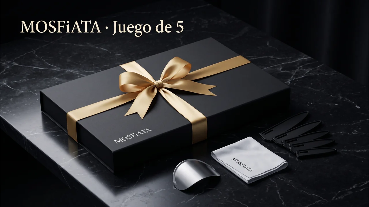 Caja de regalo negra con lazo dorado del juego MOSFiATA de 5 cuchillos, con las fundas, el protector de dedos y el paño