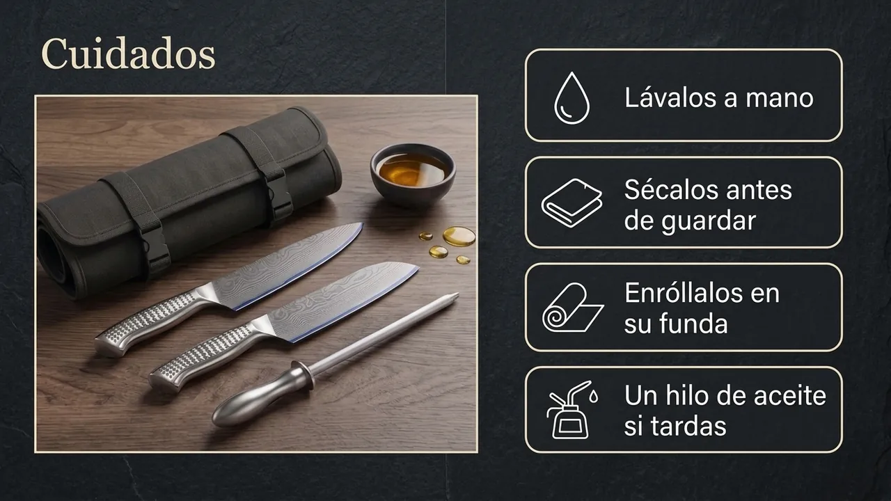 Cuidados del juego de camping MOSFiATA: funda enrollada, cuchillos y chaira junto a un cuenco de aceite para protegerlos