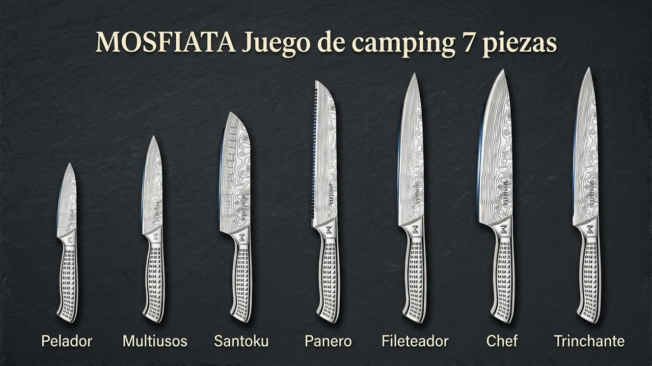 Los siete cuchillos del juego de camping MOSFiATA en fila de menor a mayor, con mango de acero inoxidable con relieve y filo azulado