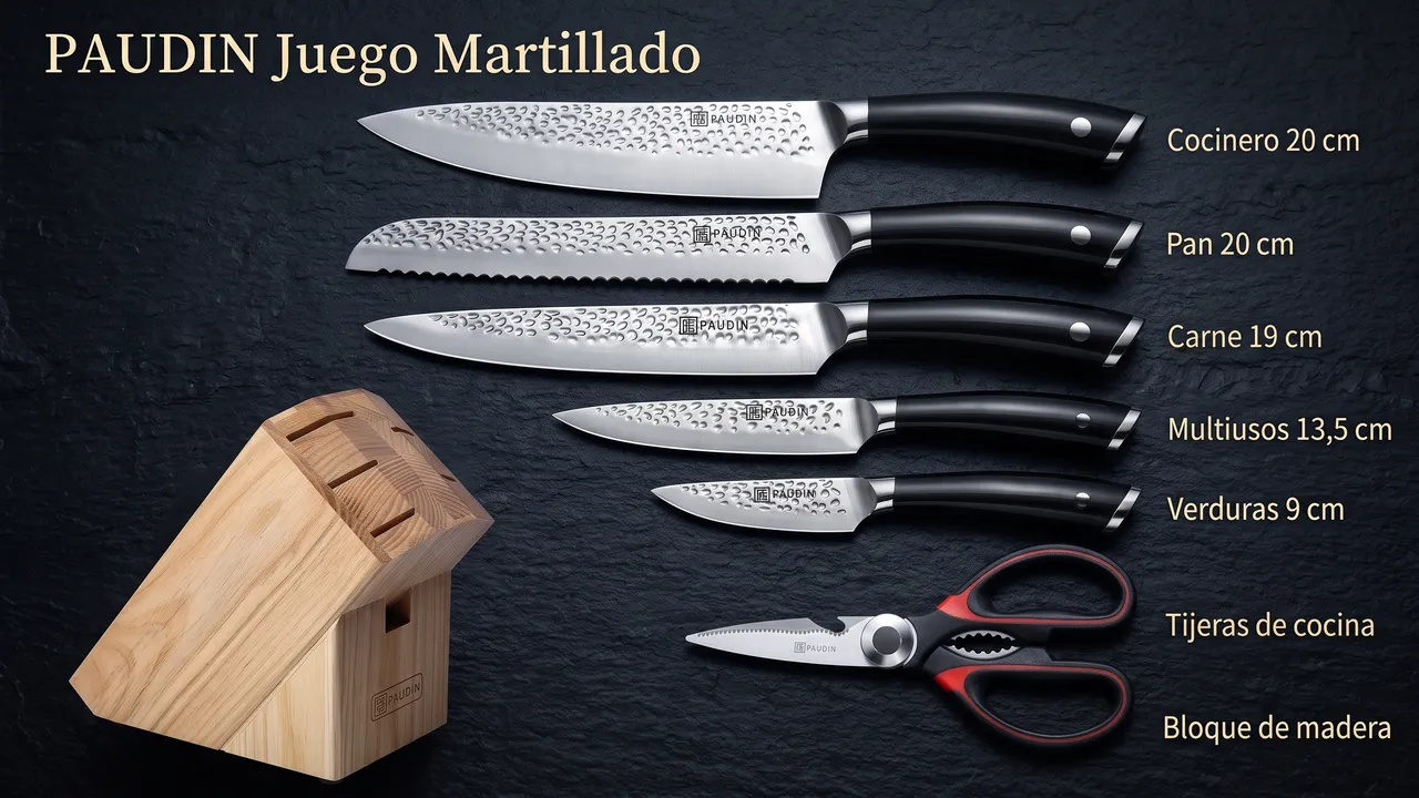 Las siete piezas del juego PAUDIN martillado con su medida: cocinero, pan, carne, multiusos, verduras, tijeras y bloque