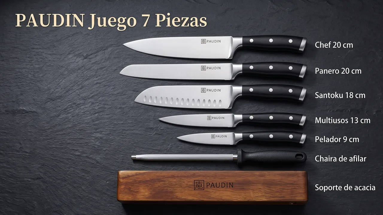 Las siete piezas del juego PAUDIN con su medida: chef, panero, santoku, multiusos, pelador, chaira y soporte