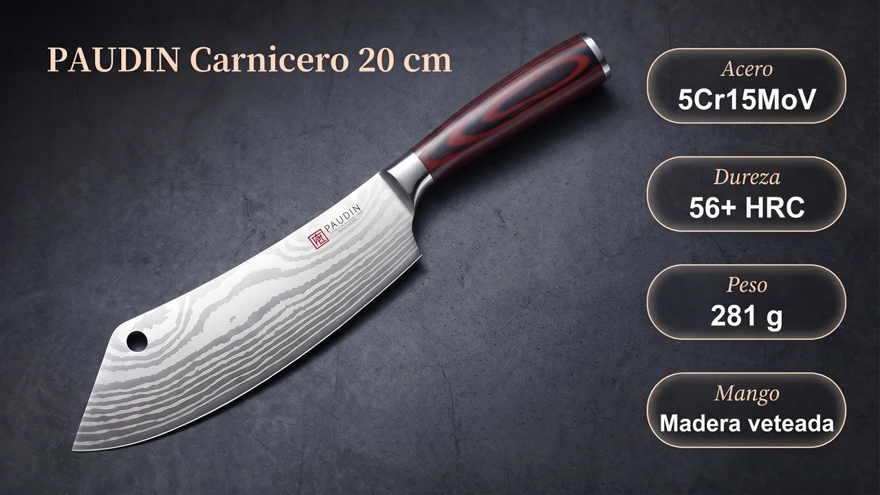 Acero 5Cr15MoV, 56 HRC, 281 gramos y mango de madera veteada del carnicero PAUDIN