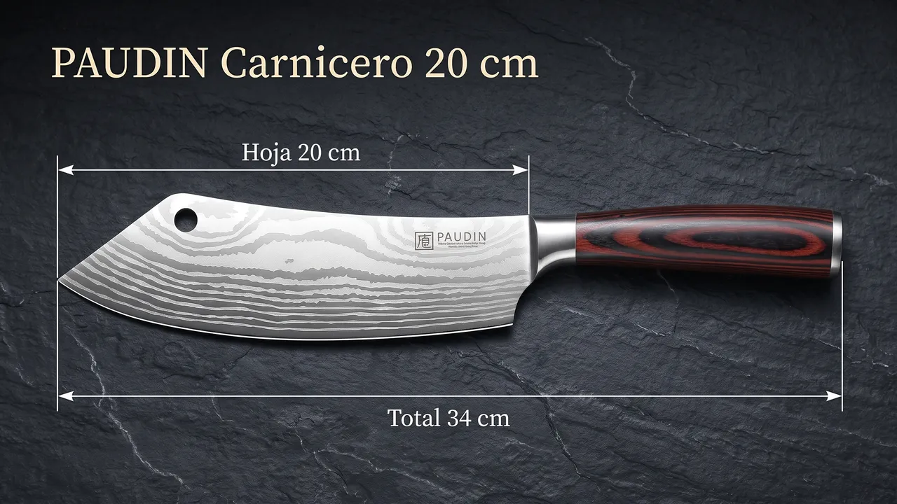 Medidas del carnicero PAUDIN: hoja de 20 cm y 34 cm de largo total