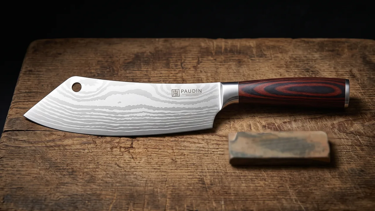 Cuchillo de carnicero PAUDIN de 20 cm sobre tabla de madera con piedra de afilar