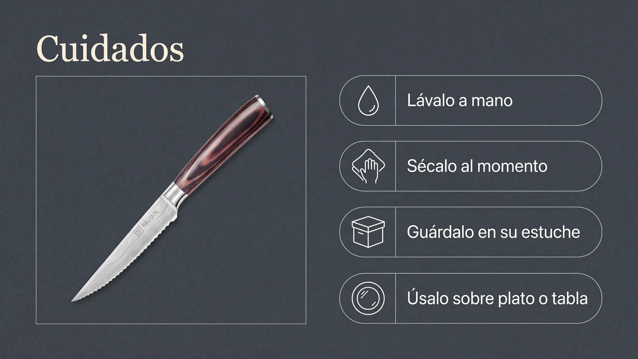 Cuidados de los chuleteros PAUDIN: lavado a mano, secado inmediato, guardado en su estuche y uso sobre plato o tabla