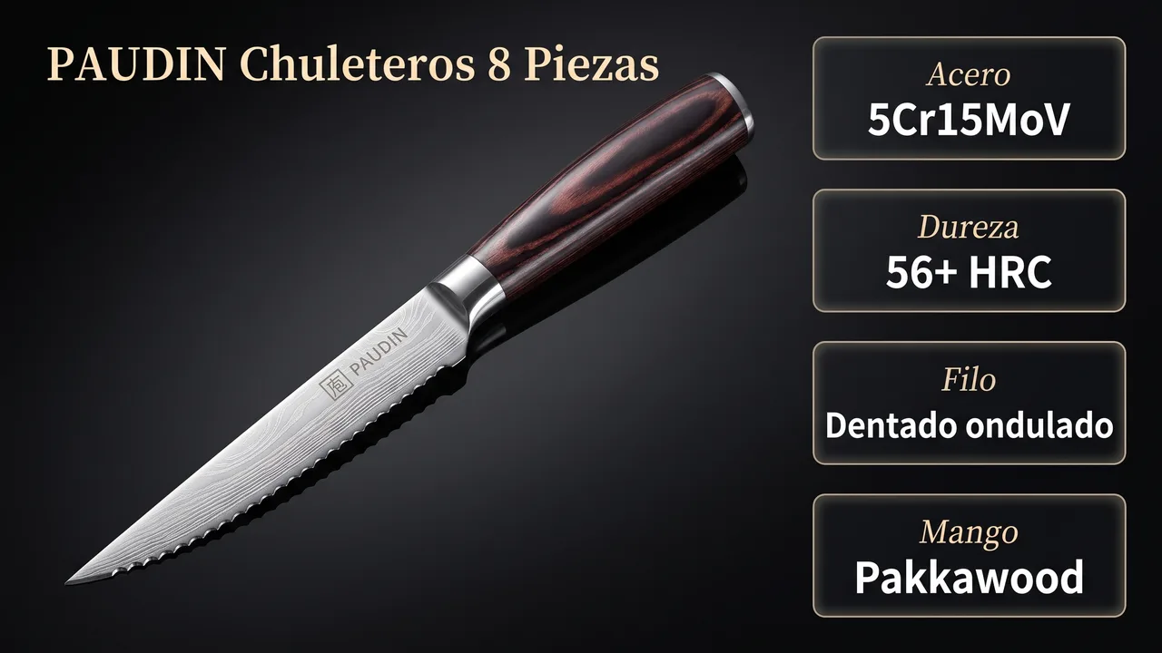 Acero 5Cr15MoV, 56 HRC, filo dentado ondulado y mango de pakkawood del chuletero PAUDIN