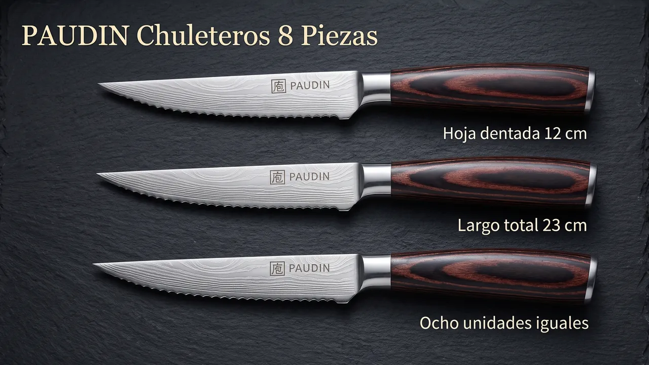Medidas del chuletero PAUDIN: hoja dentada de 12 cm y 23 cm de largo total, ocho unidades iguales