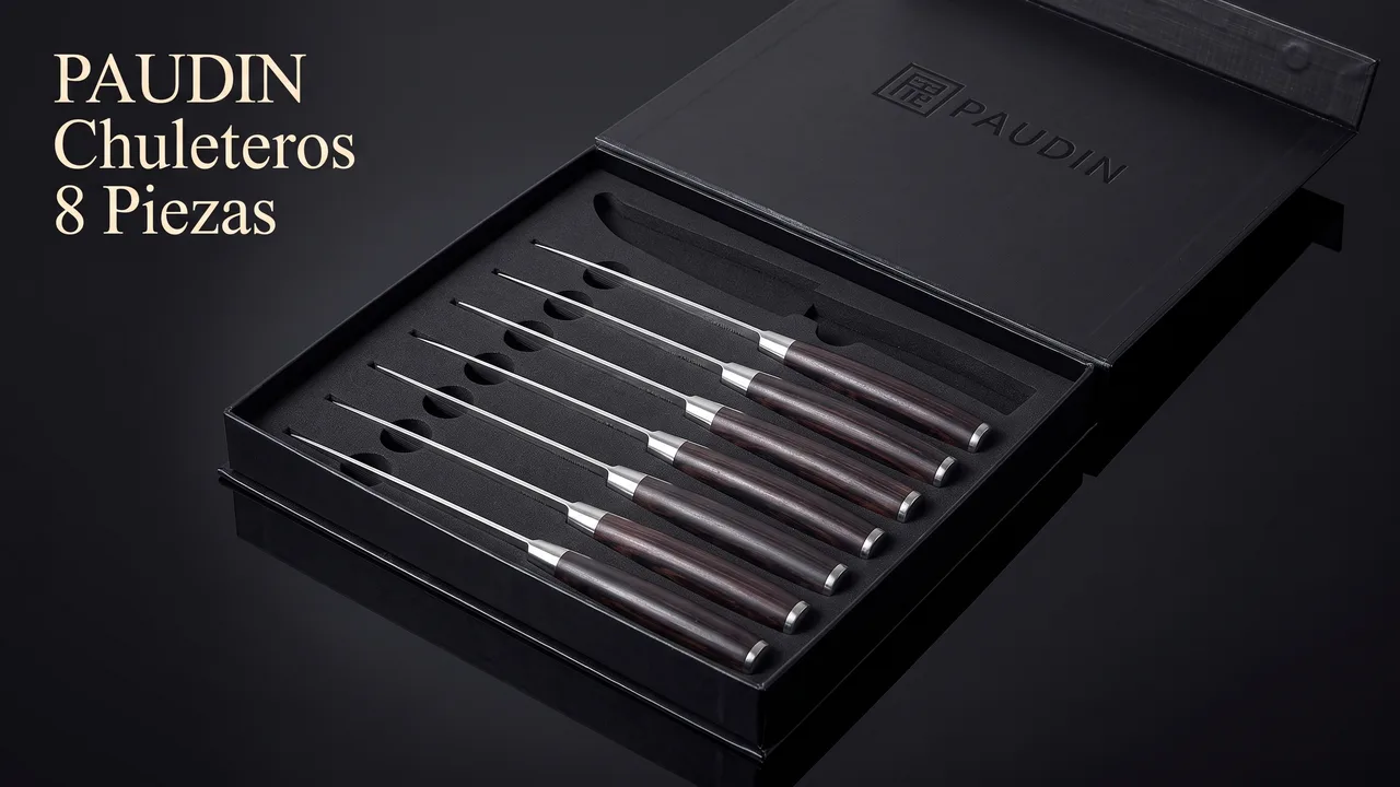 Estuche de regalo negro de PAUDIN abierto con los ocho chuleteros en su molde de espuma