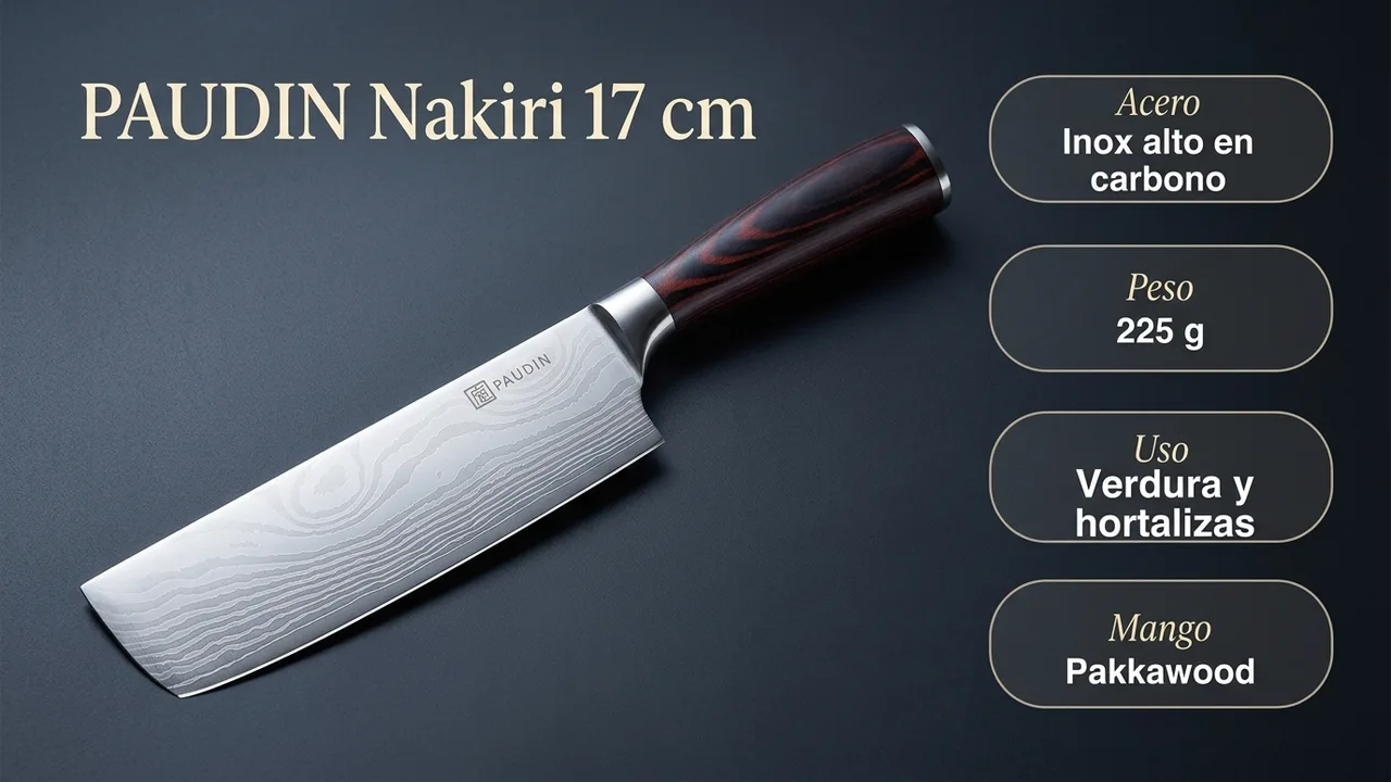 Datos del nakiri PAUDIN: acero inoxidable alto en carbono, 225 gramos, para verdura y hortalizas, con mango de pakkawood