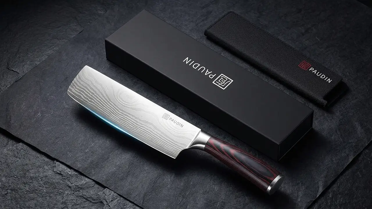 Nakiri PAUDIN junto a su caja negra de regalo y la funda protectora con el logotipo de la marca