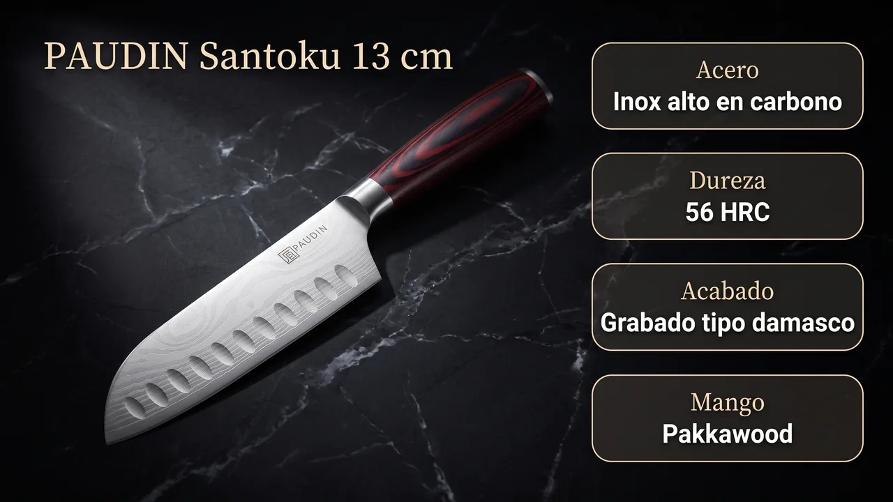 Ficha tecnica del santoku PAUDIN: acero inoxidable alto en carbono, 56 HRC y acabado grabado tipo damasco