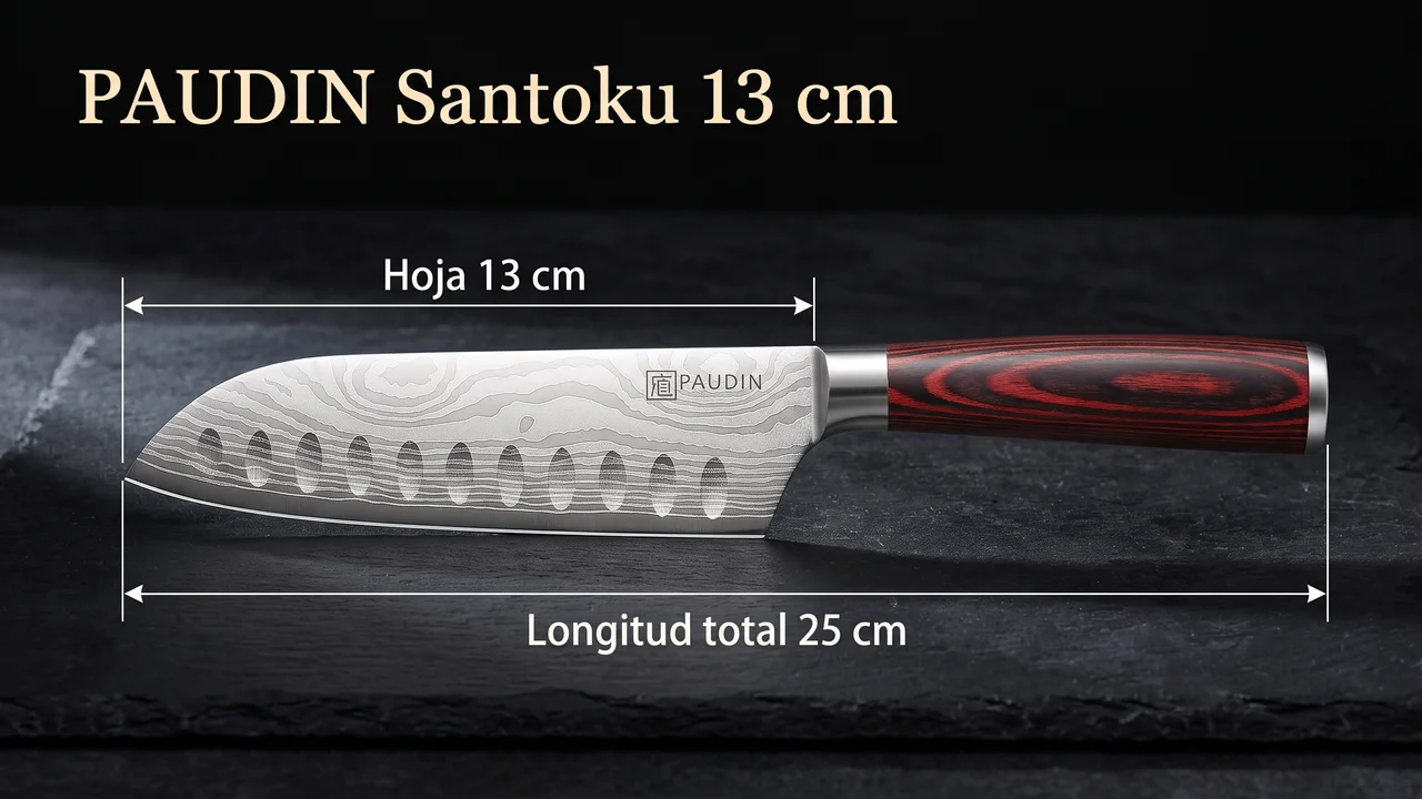 Medidas del santoku PAUDIN: hoja de 13 cm y 25 cm de longitud total