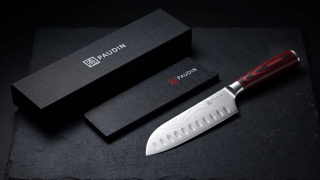 Santoku PAUDIN de 13 cm con su caja negra y su funda protectora