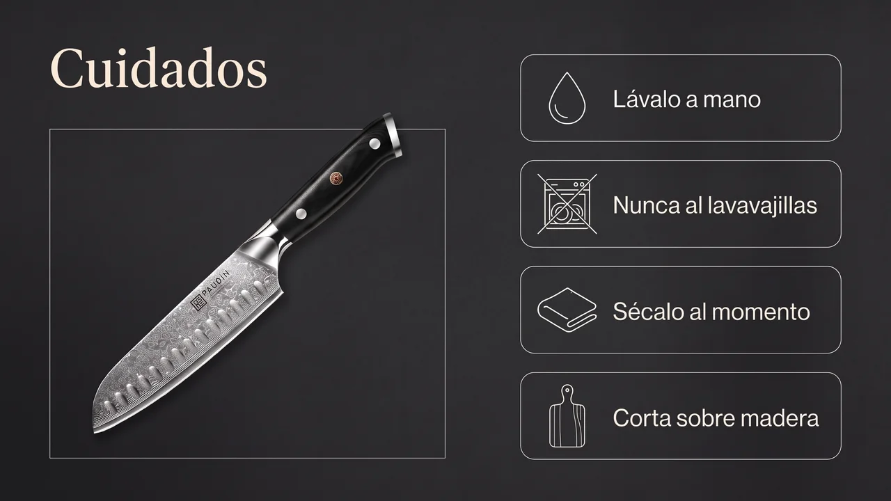 Cuidados del set PAUDIN VG10: lavado a mano, nunca al lavavajillas, secado inmediato y corte sobre madera