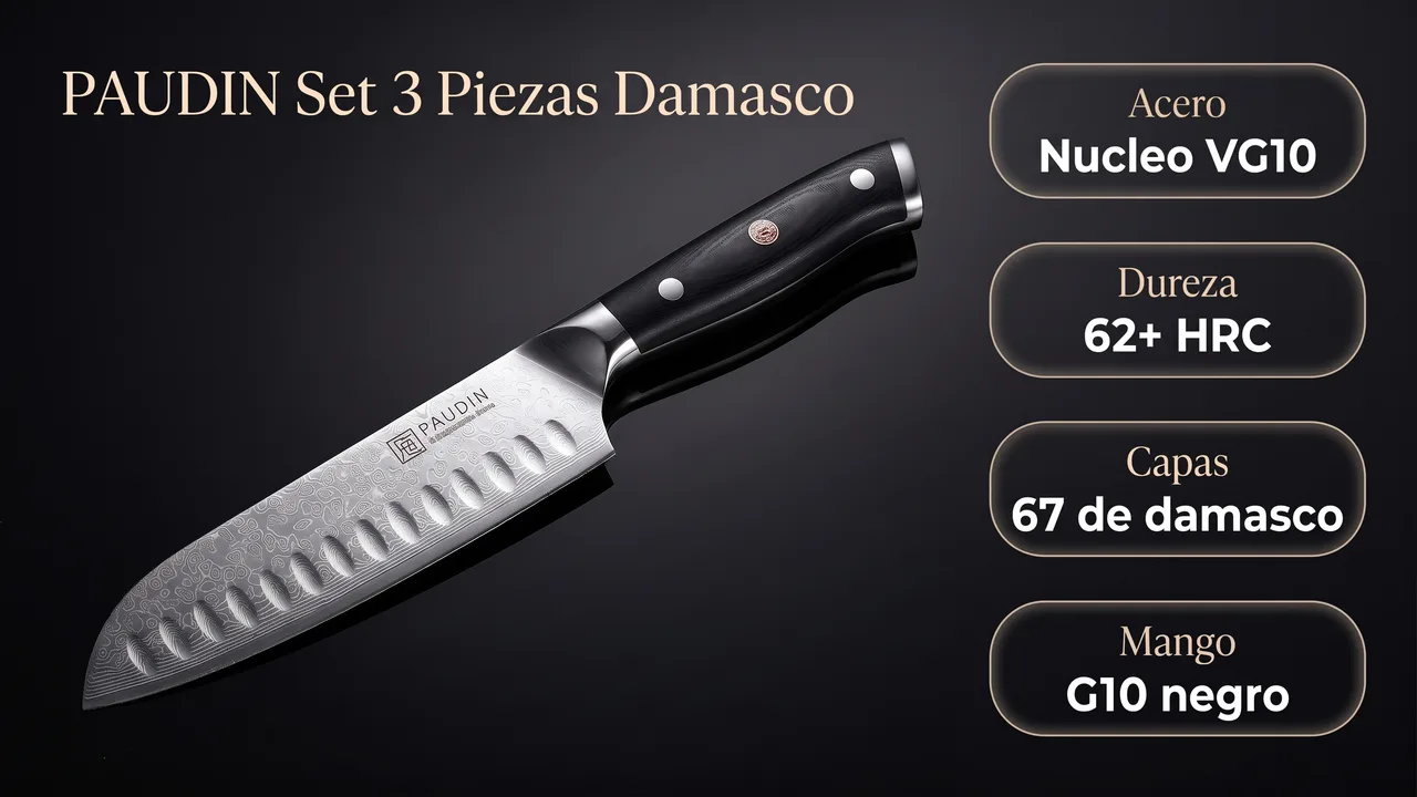 Nucleo VG10, 62 HRC, 67 capas de damasco y mango G10 del set PAUDIN de tres piezas