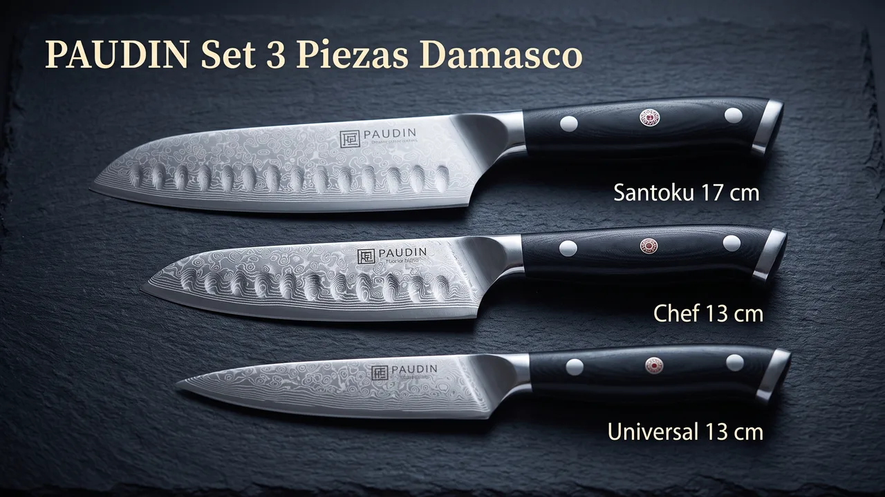 Las tres piezas del set PAUDIN con su medida: santoku de 17 cm, chef de 13 cm y universal de 13 cm