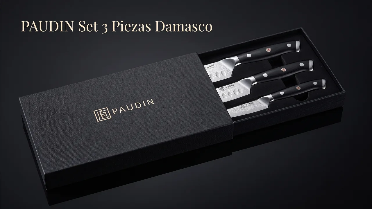 Caja de regalo negra del set PAUDIN abierta con los tres cuchillos de damasco en su molde
