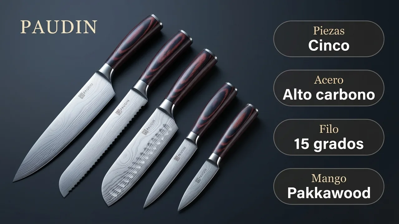 Datos del juego PAUDIN de cinco piezas: acero de alto carbono, filo a 15 grados y mango de pakkawood