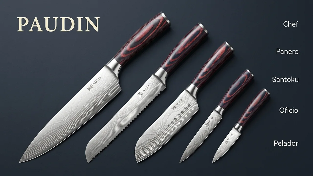 Las cinco piezas del juego PAUDIN: chef, panero, santoku, cuchillo de oficio y pelador