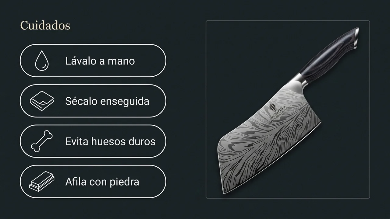 Mantenimiento del cuchillo de carne SANMEIHO Koraka: lavar a mano, secar al momento, evitar huesos duros y afilar en piedra