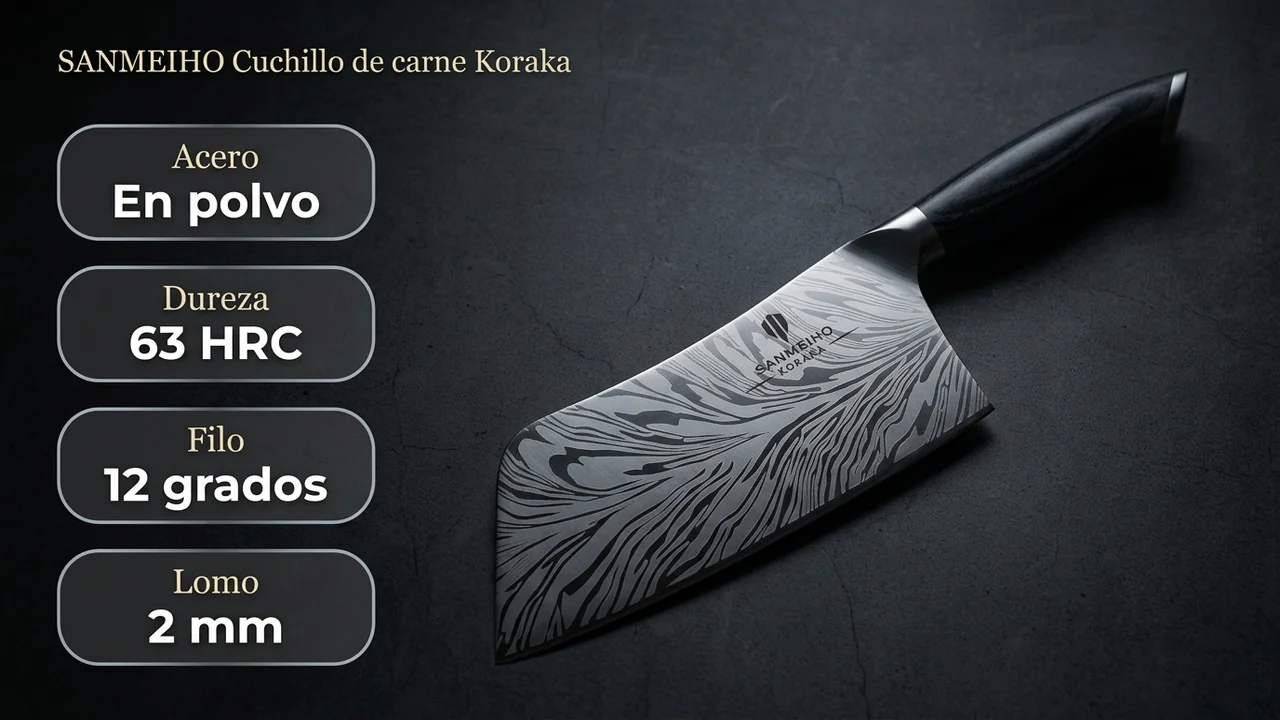 Datos del cuchillo de carne SANMEIHO Koraka: acero en polvo, 63 HRC de dureza, filo a 12 grados y 2 mm de lomo