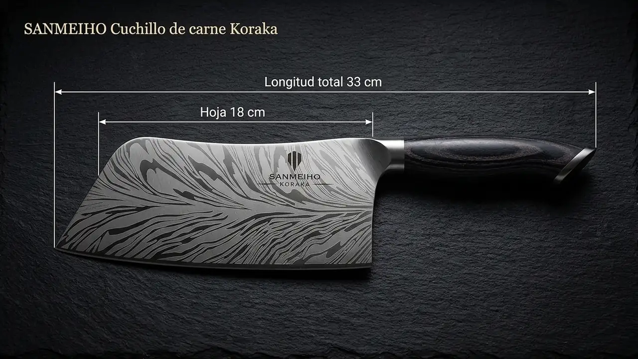 Medidas del cuchillo de carne SANMEIHO Koraka: 33 cm totales con hoja ancha de 18 cm acotada sobre pizarra