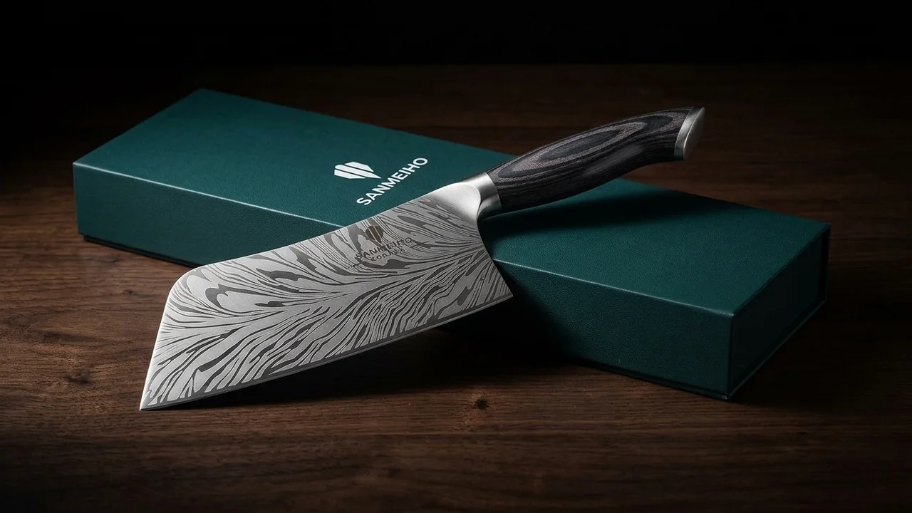 Cuchillo de carne SANMEIHO Koraka de hoja ancha descansando sobre su caja de regalo cerrada en madera de nogal
