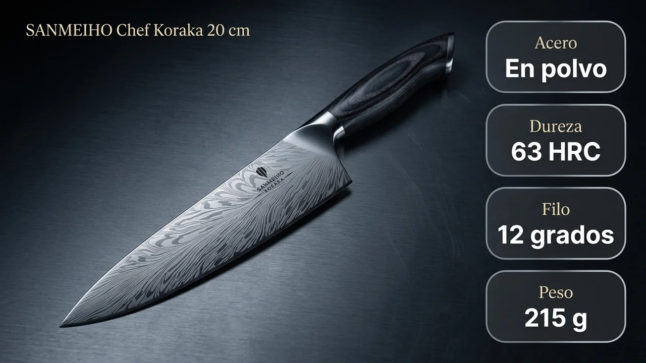 Datos del chef SANMEIHO Koraka: acero en polvo de alto carbono a 63 HRC, filo a 12 grados y 215 gramos