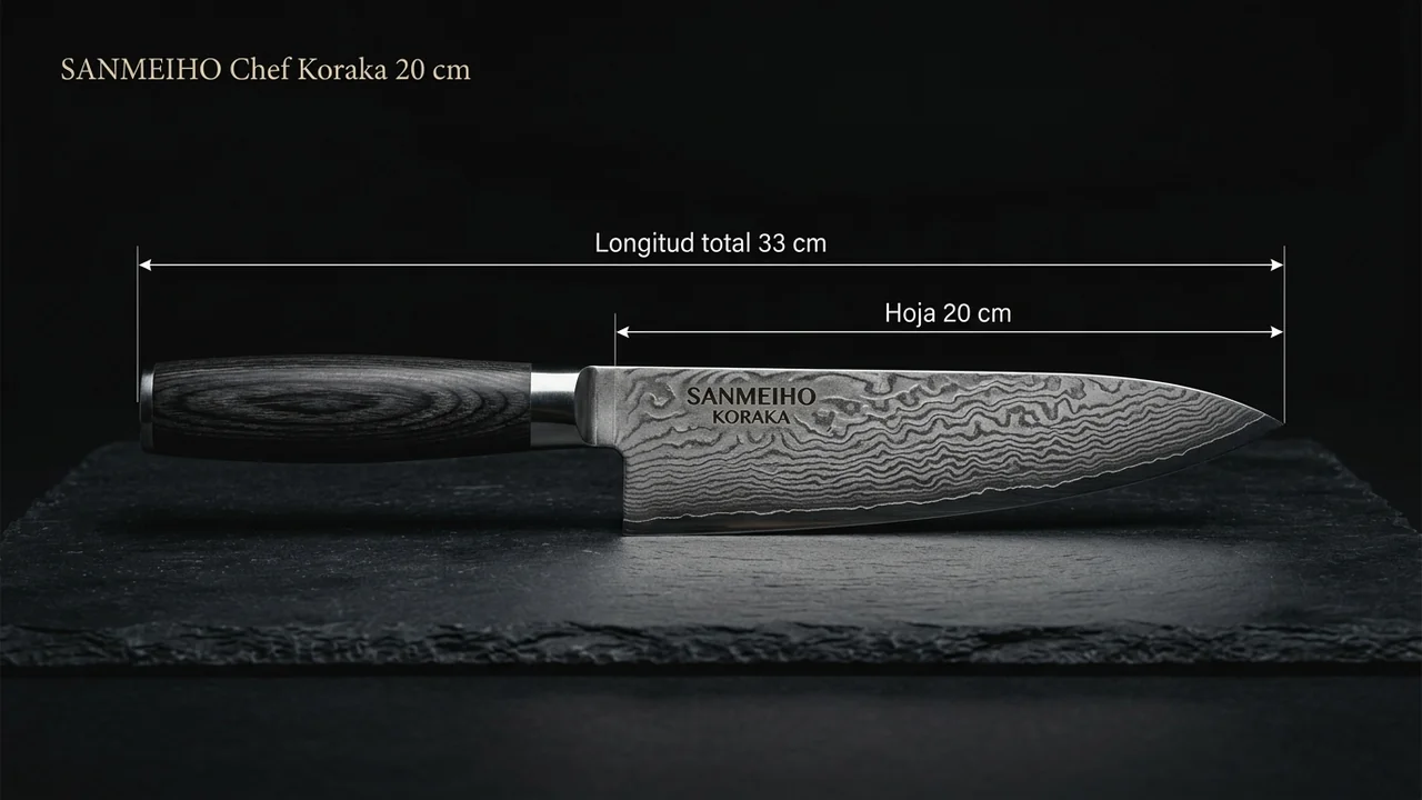 Medidas del chef SANMEIHO Koraka: 33 cm de largo total y hoja de 20 cm, acotadas sobre pizarra oscura