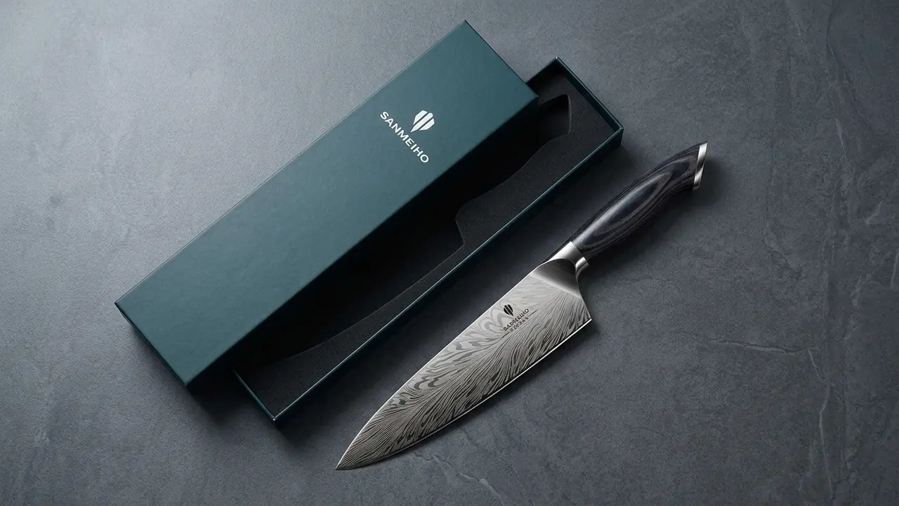 Cuchillo de chef SANMEIHO Koraka de 20 cm visto desde arriba junto a su caja de regalo abierta sobre piedra gris