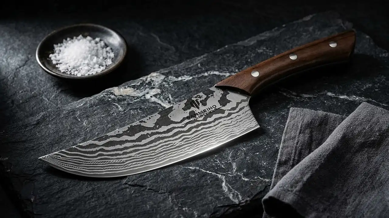 Cuchillo de carne SANMEIHO de 18 cm en damasco con acabado oscuro en el lomo y mango de nogal, sobre pizarra oscura junto a un cuenco de sal marina