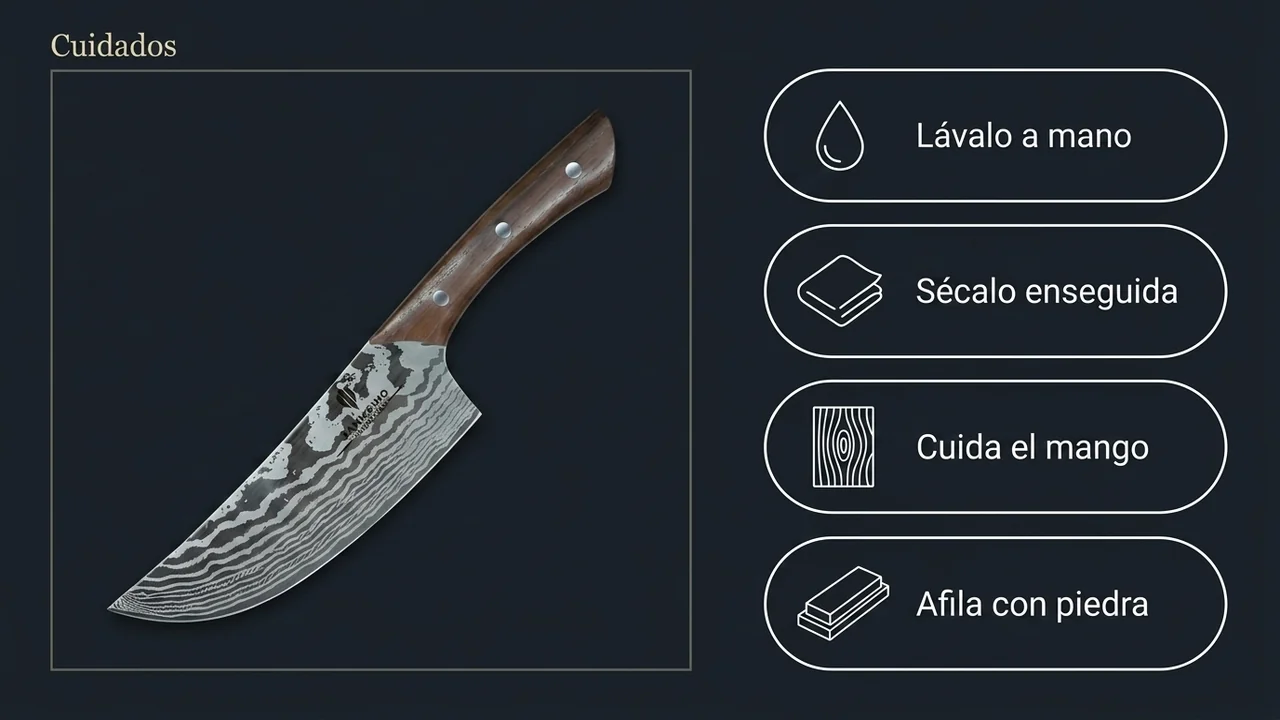 Cuidados del cuchillo damasco SANMEIHO de 18 cm: lavar a mano, secar enseguida, cuidar el mango de madera y afilar en piedra