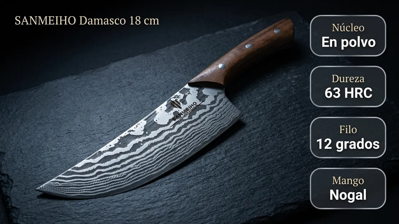 Ficha del cuchillo damasco SANMEIHO de 18 cm: nucleo de acero en polvo a 63 HRC, filo a 12 grados y mango de nogal