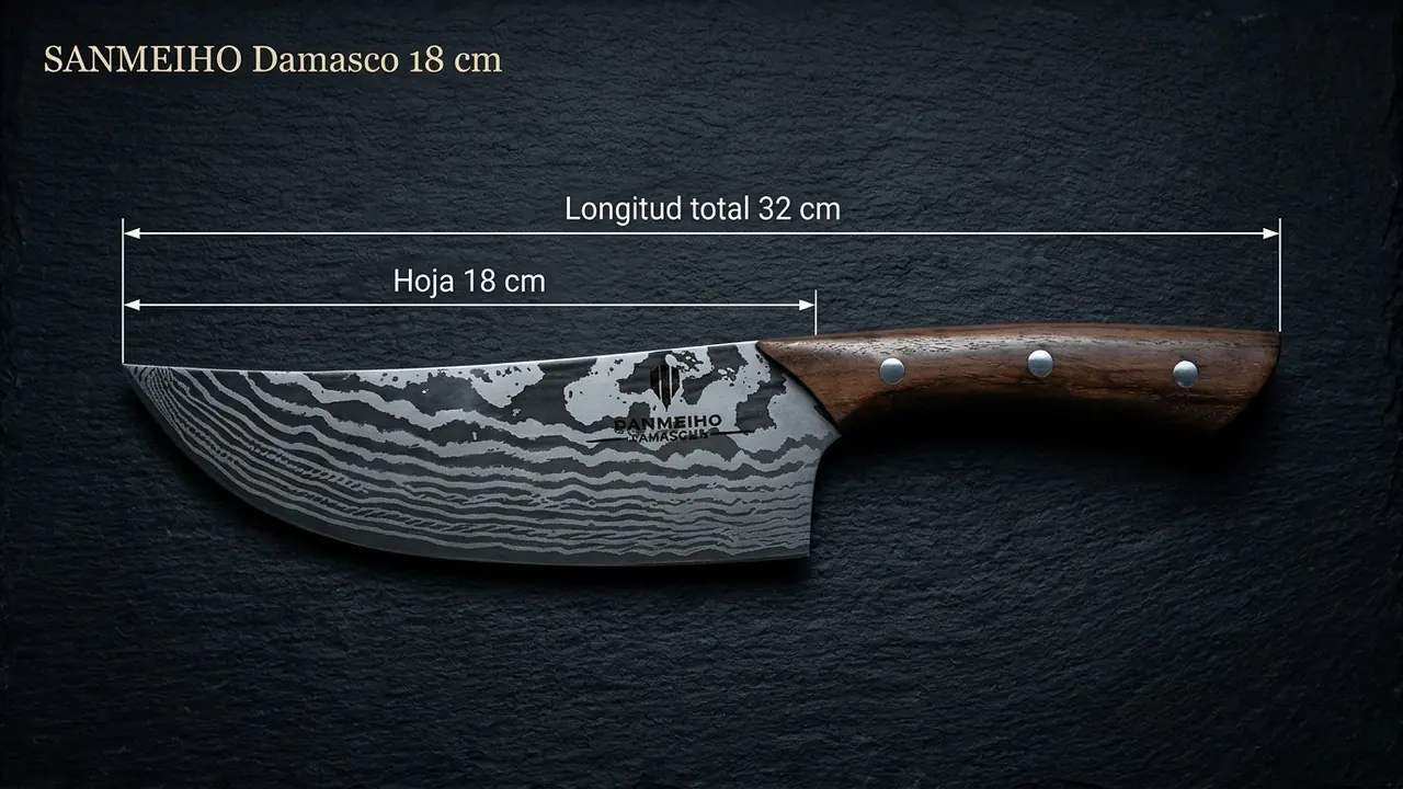 Medidas del cuchillo damasco SANMEIHO de 18 cm: 32 cm totales y hoja curva de 18 cm acotadas sobre pizarra