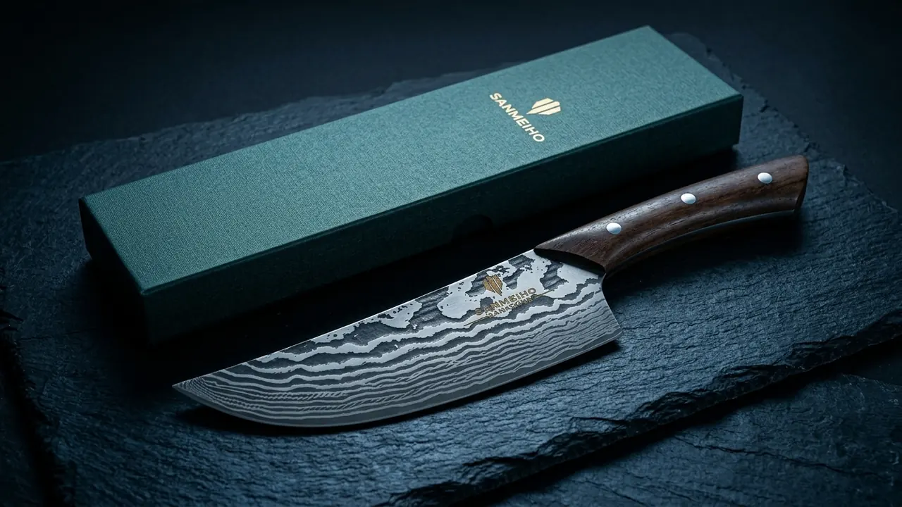 Cuchillo de carne damasco SANMEIHO de 18 cm con mango de nogal junto a su caja de regalo sobre pizarra