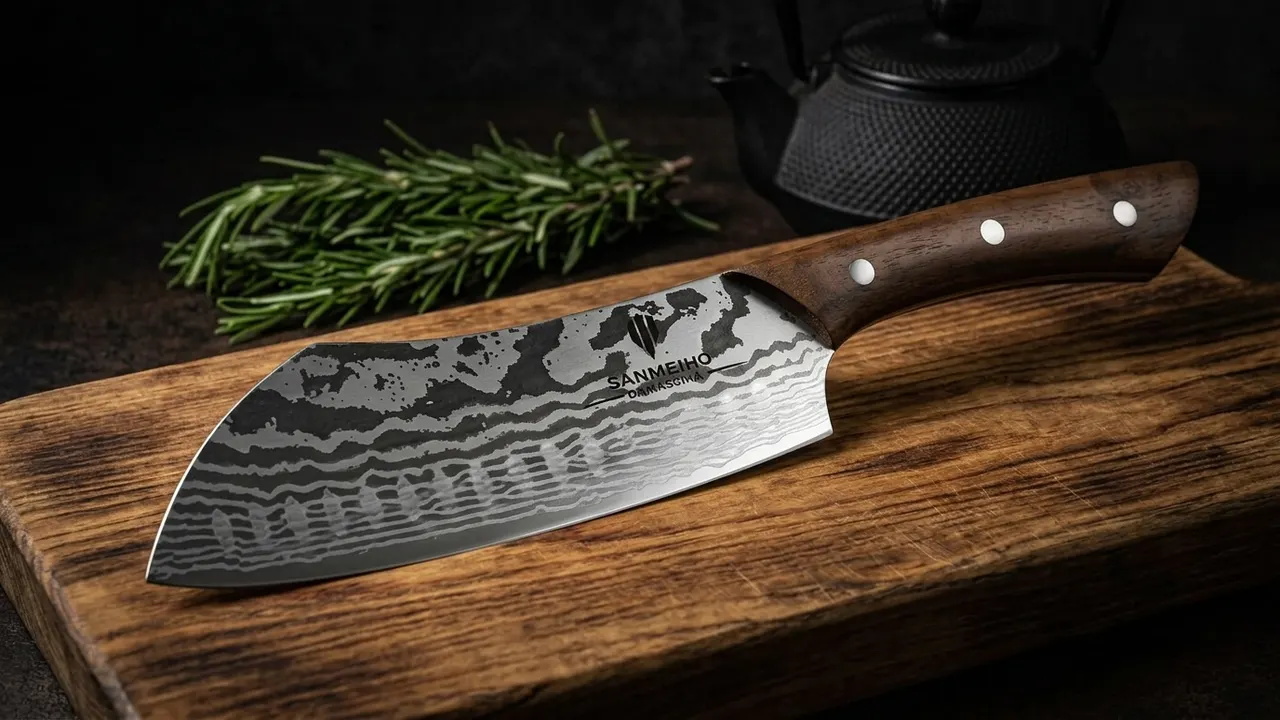 Cuchillo de carne SANMEIHO de hoja ancha en damasco con acabado oscuro y mango de nogal, sobre tabla de hinoki junto a un ramo de romero y una tetera de hierro